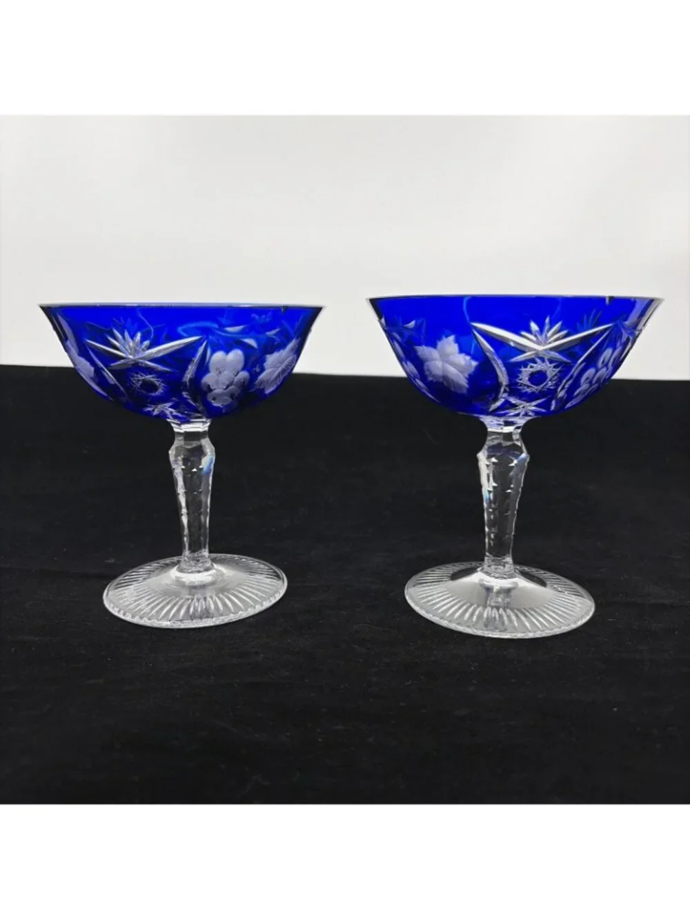 Vintage Ajka Marsala Cobalt Blue Cut to Clear Sherbet Champagne Coupe Set of 2